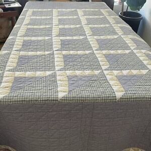 Vtg Smith & Johnson Cotton Patchwork Quilt Queen Gray Green Geometric Reversible